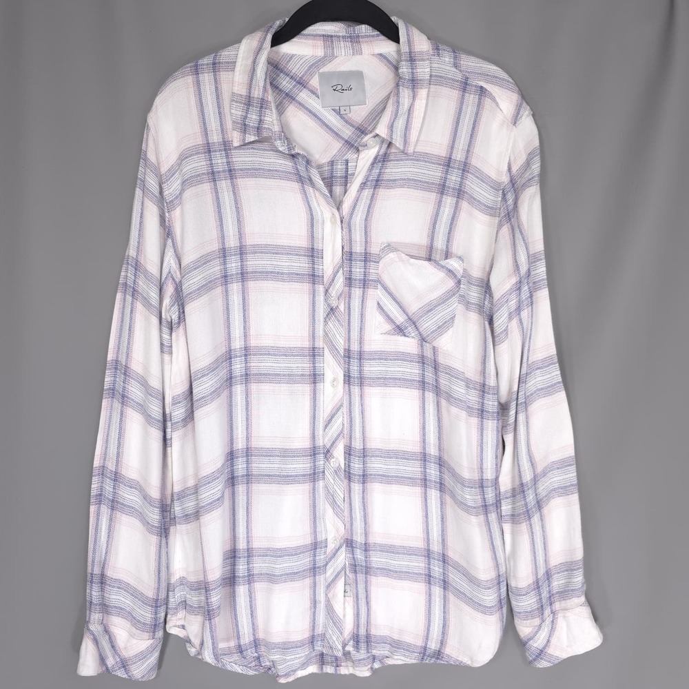 RAILS Plaid Button Front Shirt Women Size Large Blue Pink Rayon Casual Sleeve
